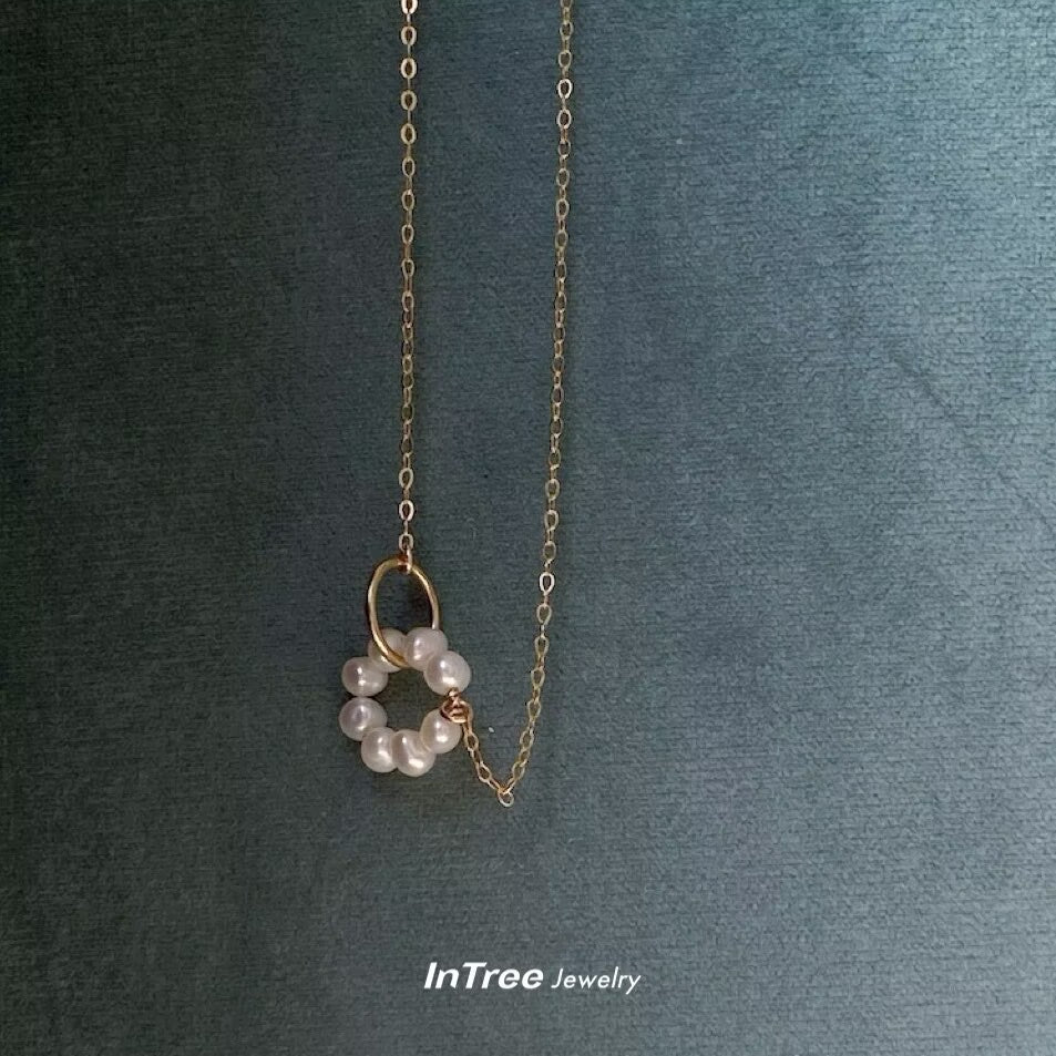 14K Gold Filled Double  Circle Design Pearl Necklace