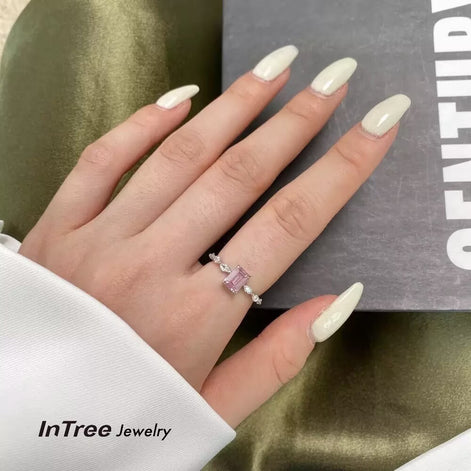 S925 Sterling Silver Square Pink Ring