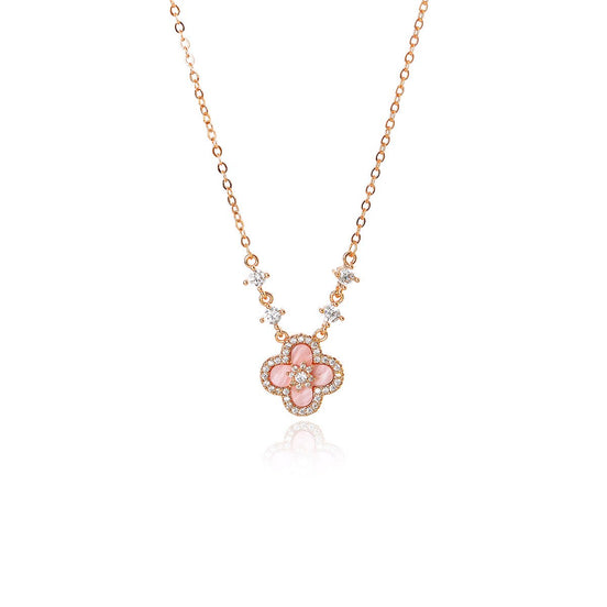 Pink Four-leaf Clover Necklace Set with 5A Zircon