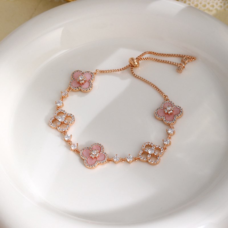 Pink Four-leaf Clover Necklace & Bracelet SET